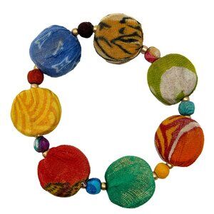 Fair Trade Disc Beads Stretch Bracelet Upcycled Kantha Fabric Boho Handmade